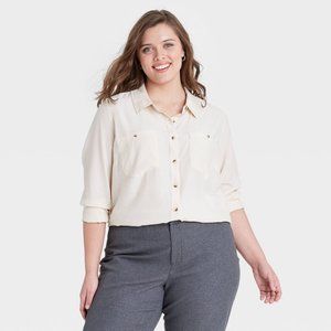 Women's Plus Size Long Sleeve Button-Down Shirt - Ava & Viv | Cream | NWT